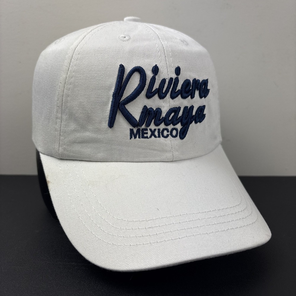 Vintage Y2K Riviera Maya Mexico Strapback Hat Off White Navy Embroidered Dad Cap